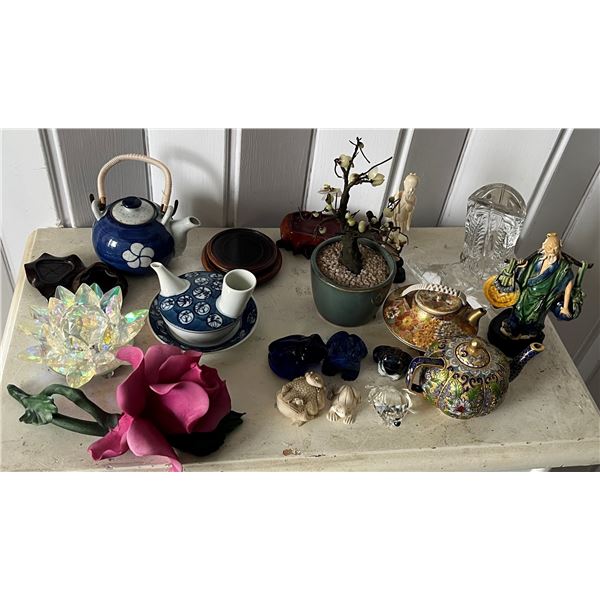 Multiple Asian Teapots, Lucky Frogs, Flowers, Figures, Artificial Bonsai Tree, Boot, etc Misc Sizes