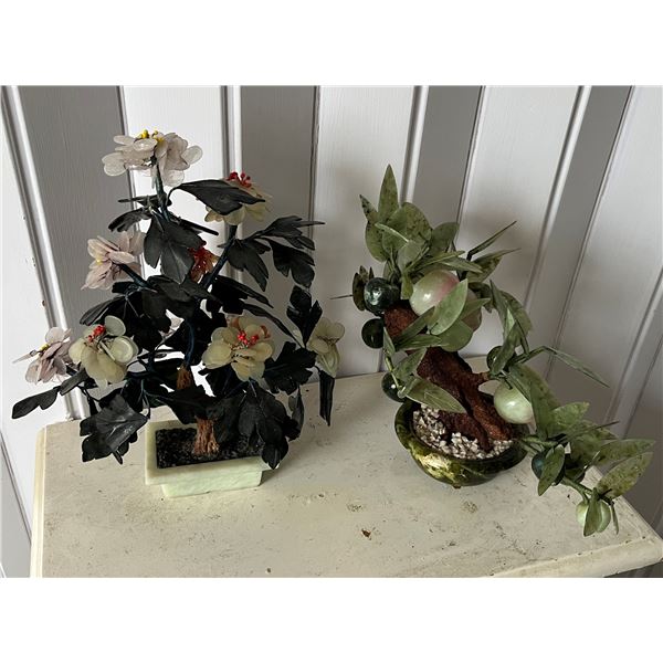 Qty 2 Glass & Stone Artificial Trees: Peach & Flower, Misc Sizes