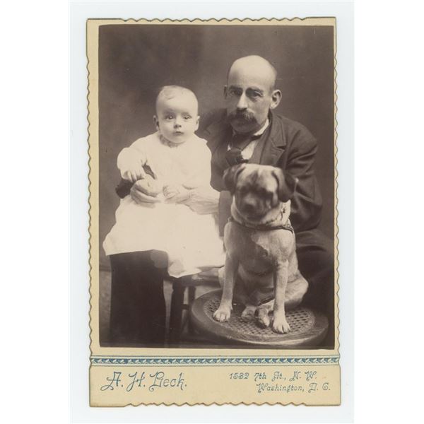 Man with Child and Pug Dog Cabinet Photo