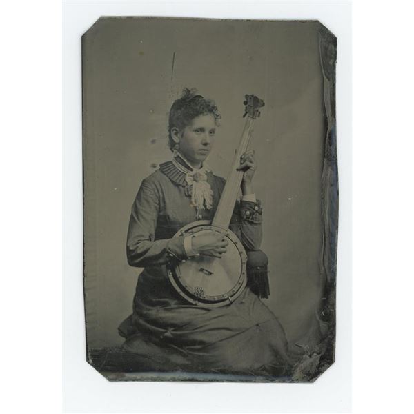 Occupational Female Banjo Player Tintype Photo