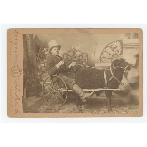 Boy Posing in Wagon Pulled by Goat Cabinet Photo