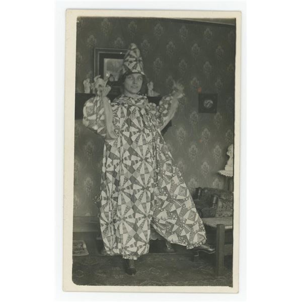 Woman Harlequin Clown Quilt Suit RPPC Postcard