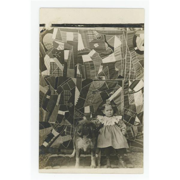 Crazy Quilt Girl with Dog RPPC Postcard