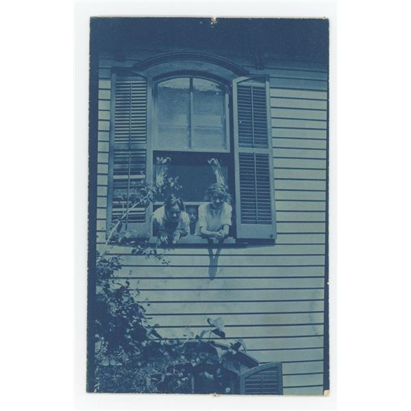 Children in Window Cyanotype RPPC Postcard