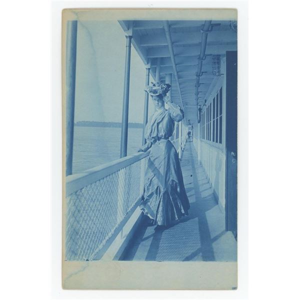 Woman on Steamship Cyanotype RPPC Postcard