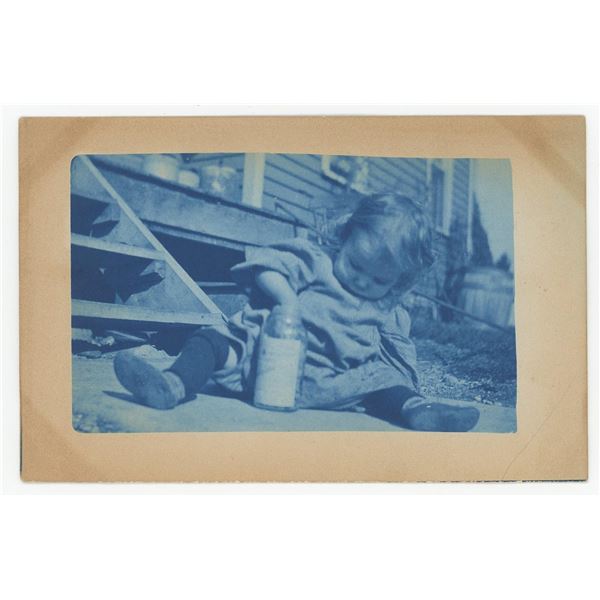 Child Hand Stuck in Jar Cyanotype RPPC Postcard