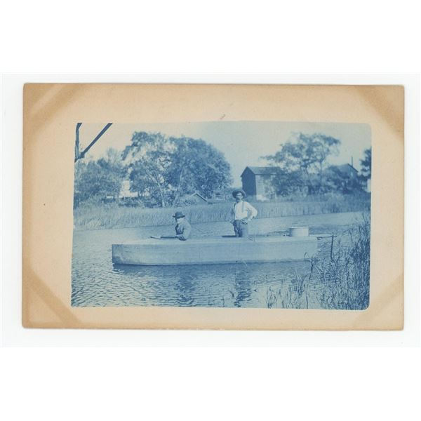 Men in Motorized Boat Cyanotype RPPC Postcard