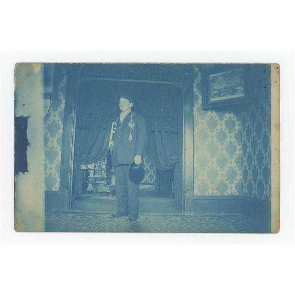 Man with Ice Skates Cyanotype RPPC Postcard