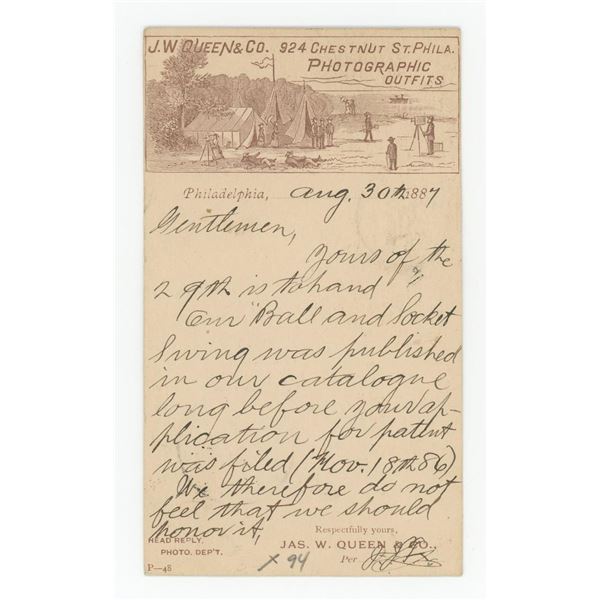 J.W. Queen Philadelphia Photographer Letter