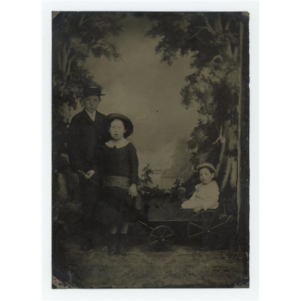 Children in Pull Wagon Tintype Photo