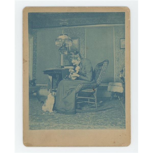 Victorian Cyanotype Photo of Woman and Cat