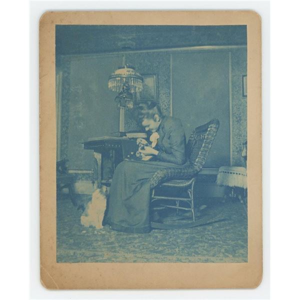 Victorian Cyanotype Photo of Woman and Cat