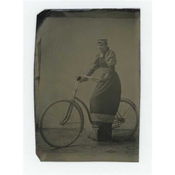 Woman Riding Wood Rim Bicycle Tintype Photo