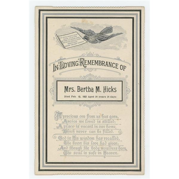 Bertha M. Hicks Post Mortem Funeral Card