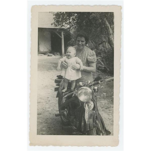 Mother Posing Baby on Motorcycle RPPC Postcard