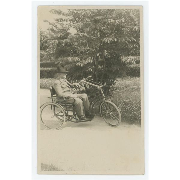 1933 Man on Hand Propelled Tricycle RPPC Postcard