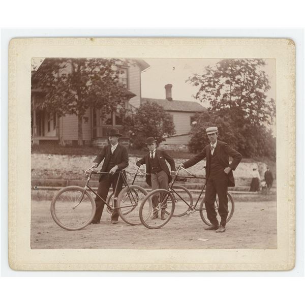 Men on Wood Rim Bicycles Cabinet Photo
