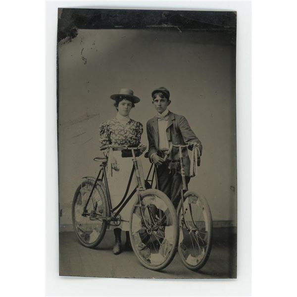 Couple with Wood Rim Bicycles Tintype Photo
