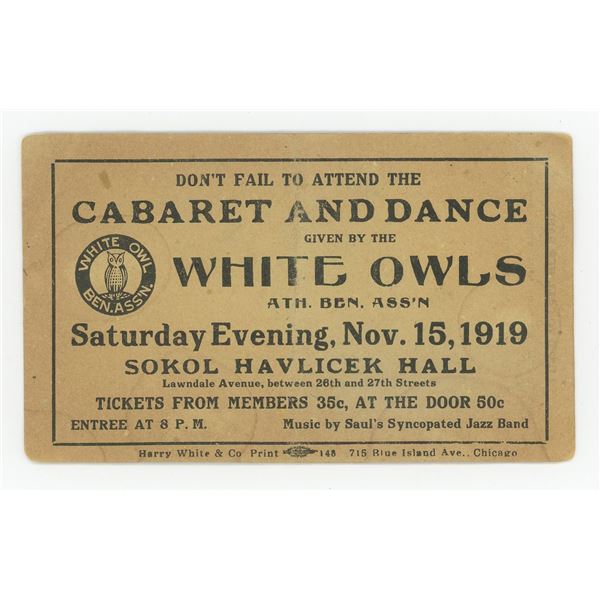 White Owl Jazz Club Band Dance Notice Ticket