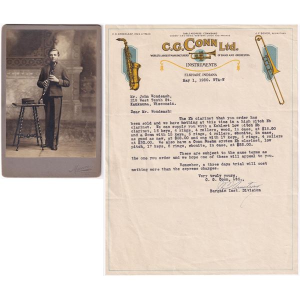 CG Conn Clarinet Sale Letter and Photo