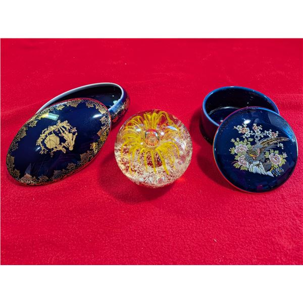 Vintage Murano art glass paperweight & Porcelain Trinket Dishes with lids.