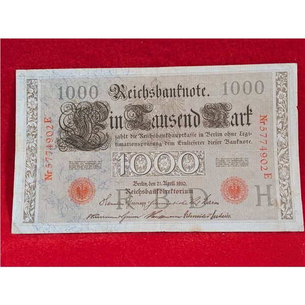 ANTIQUE 1910 German 1000 Mark Reichsbanknote.
