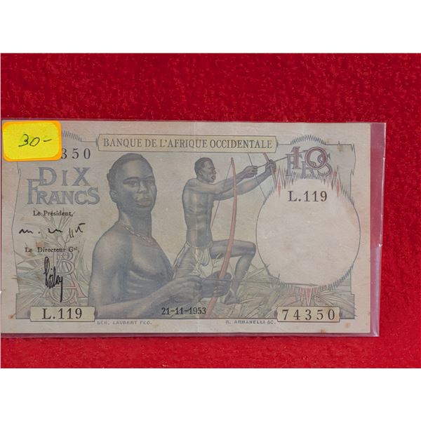 VINTAGE BANK OF WEST AFRICA 10 FRANC Note