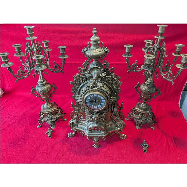 ANTIQUE BRASS MANTLE CLOCK with CANDELABRAS