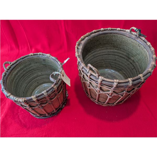 Vintage Asian Ceramic Pots wrapped in Bamboo