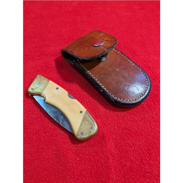 VINTAGE Folding, Bone Handle knife & leather case