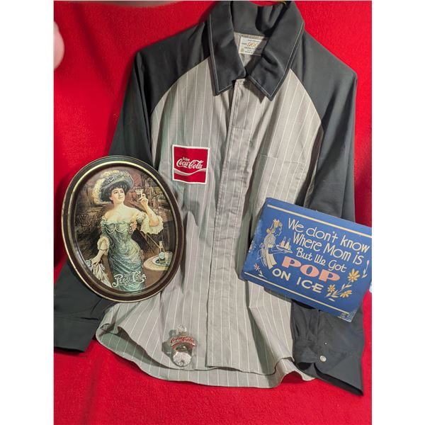 VINTAGE COKE DELIVERY Shirt, PEPSI tray, Pop sign & Coke bottle opener