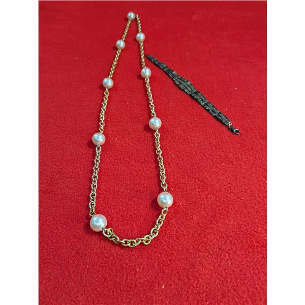 Gold-tone White Pearl Station Necklace & bracelet
