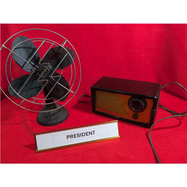 VINTAGE TUBE RADIO, FAN & DESK PLAQUE