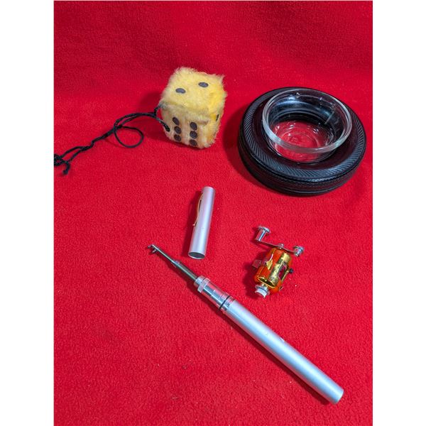 VINTAGE TRAVEL FISHING ROD, TIRE Ash Tray & Fuzzy Dice