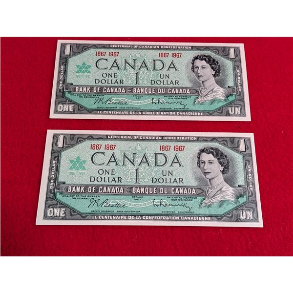 Uncirculated MINT 1967 Canadian Confederation Centennial one-dollar bills