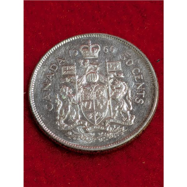 1966 Canadian 50-cent Silver coin (half dollar).