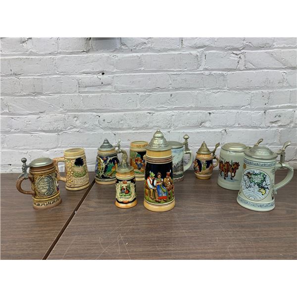 Lot of 10 Ceramic German Beer Steins, some with Lids