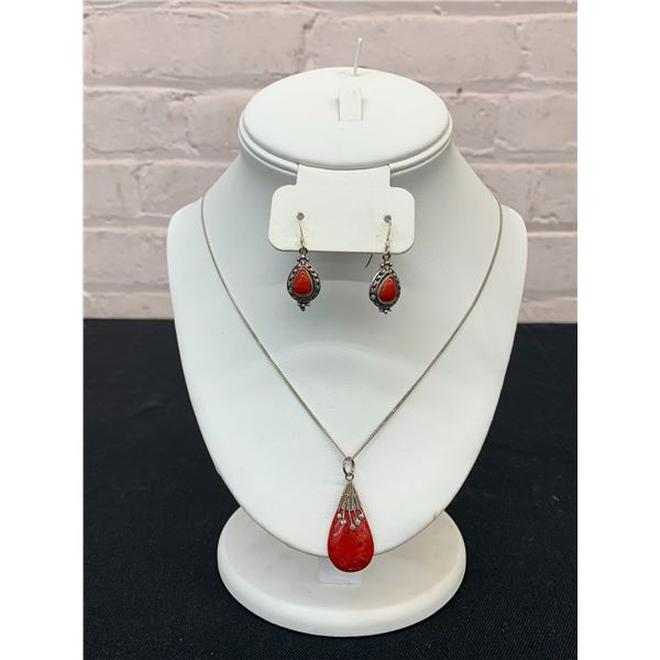 Red Gemstone Sterling Marked 925 Earrings and Necklace