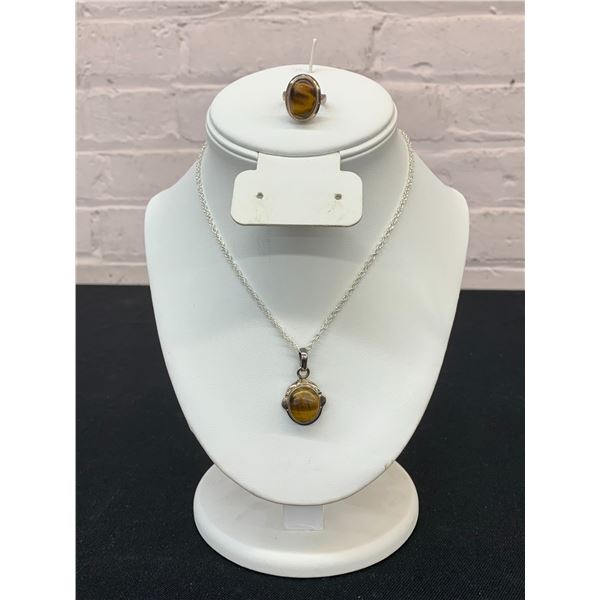 Tiger's Eye 925 Sterling Necklace and Ring Set