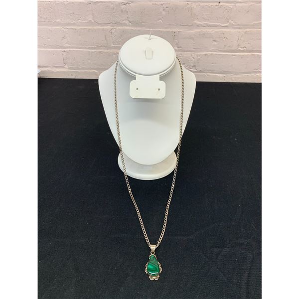 Long Chain Sterling 925 Necklace with Green Gemstone Pendant