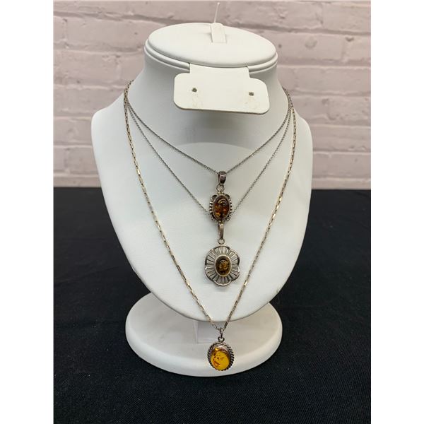 Lot of 3 Sterling Marked 925 Necklaces with Amber Pendants