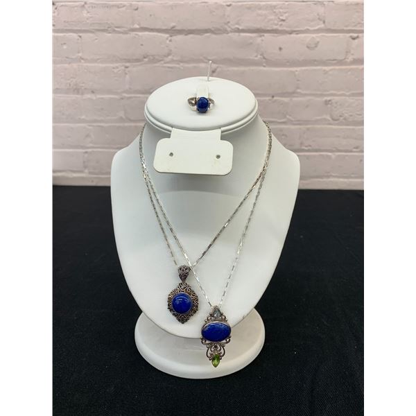 Lot of 3 Sterling Marked 925 Ring and 2 Necklaces with Deep Blue Gemstone Pendants