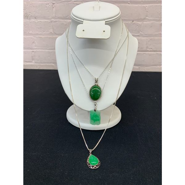 Lot of 3 Sterling Marked 925 Necklaces with Green Gemstone / Jade Pendants