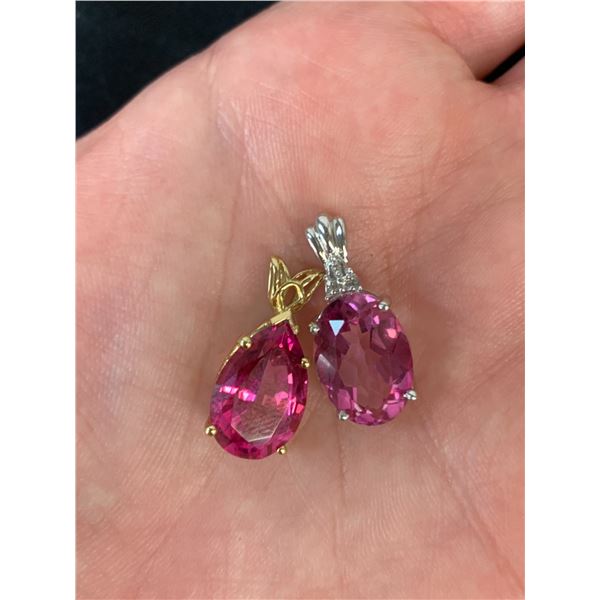 2pc 14k Yellow Gold w Pink Cut Gemstone Pendant and 10k White Gold w Pink Cut Gemstone Pendant