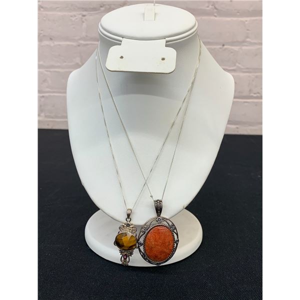 Lot of 2 Sterling 925 Marked Necklaces with Tigers Eye and Red Gemstone Pendants