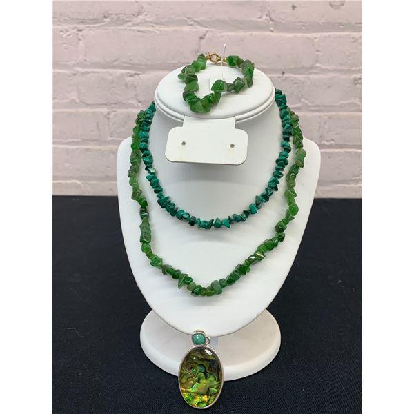 Green Stone Necklaces, Bracelet and Pendant with Gold Tone Clasps