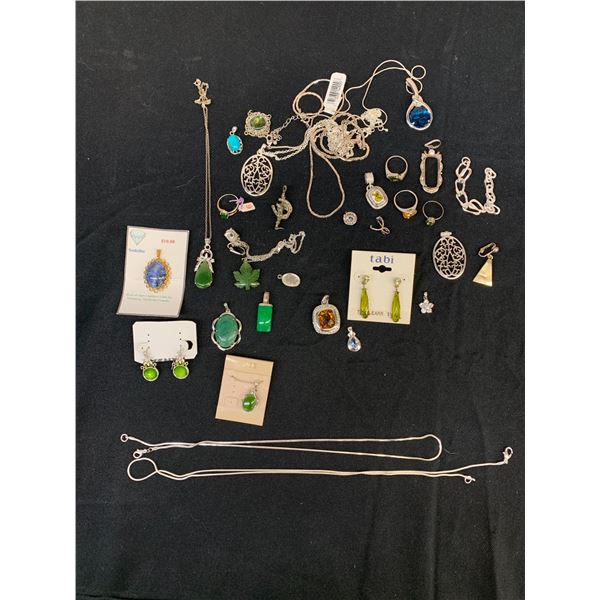 Lot of Assorted Costume Jewelry, Jade Pendants, Chains, Rings, Earrings, Gemstones etc