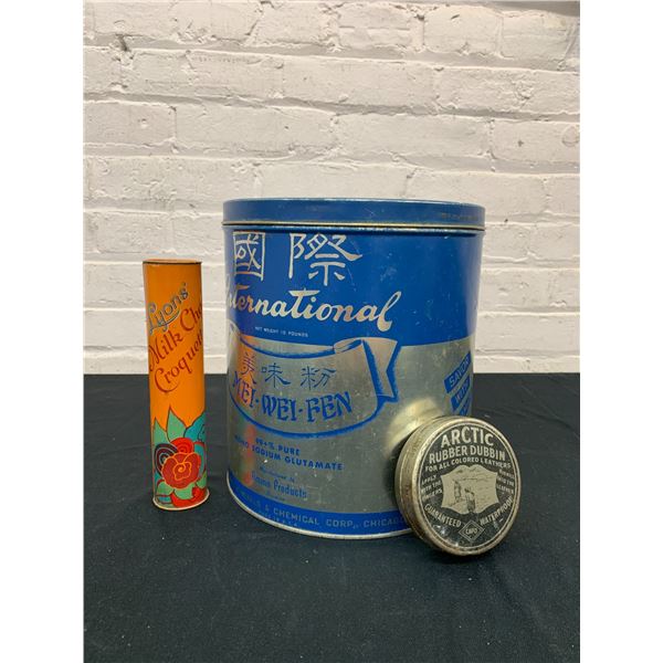 Lot of 3 Vintage Tins Rubber Dubbin, Lyons Milk Chocolate Croquettes, International Pure Sodium...