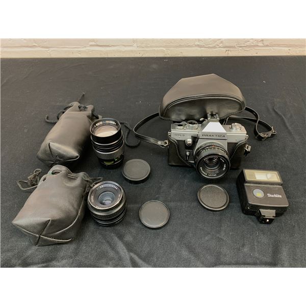Praktica MTL 3 Vintage Film Camera w 50mm 1.8 Lens, 135mm 2.8 lens and 35mm 2.8 lens, Flash, Cover