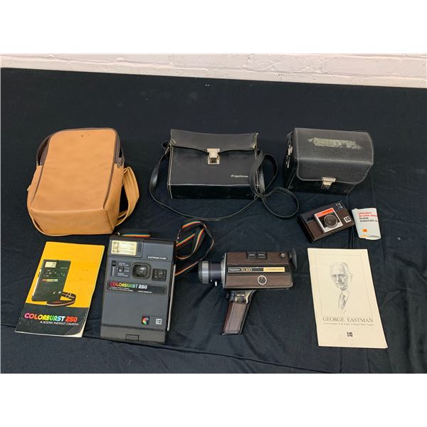 Lot of 3 Kodak Instamatic X-15F, XL300, Colorburst 250 Cameras all w Bags, Book of George Eastman